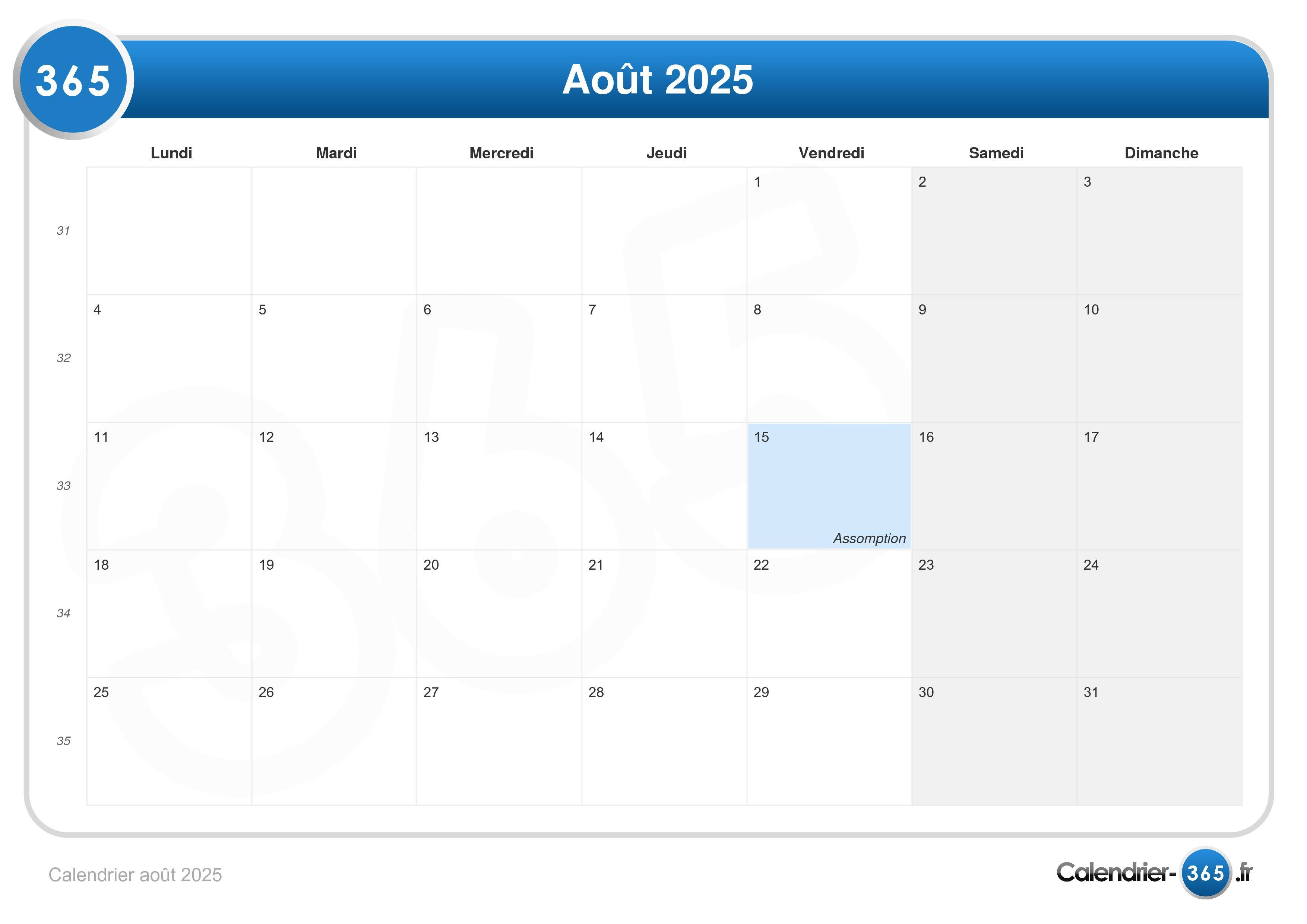 Calendrier août 2025