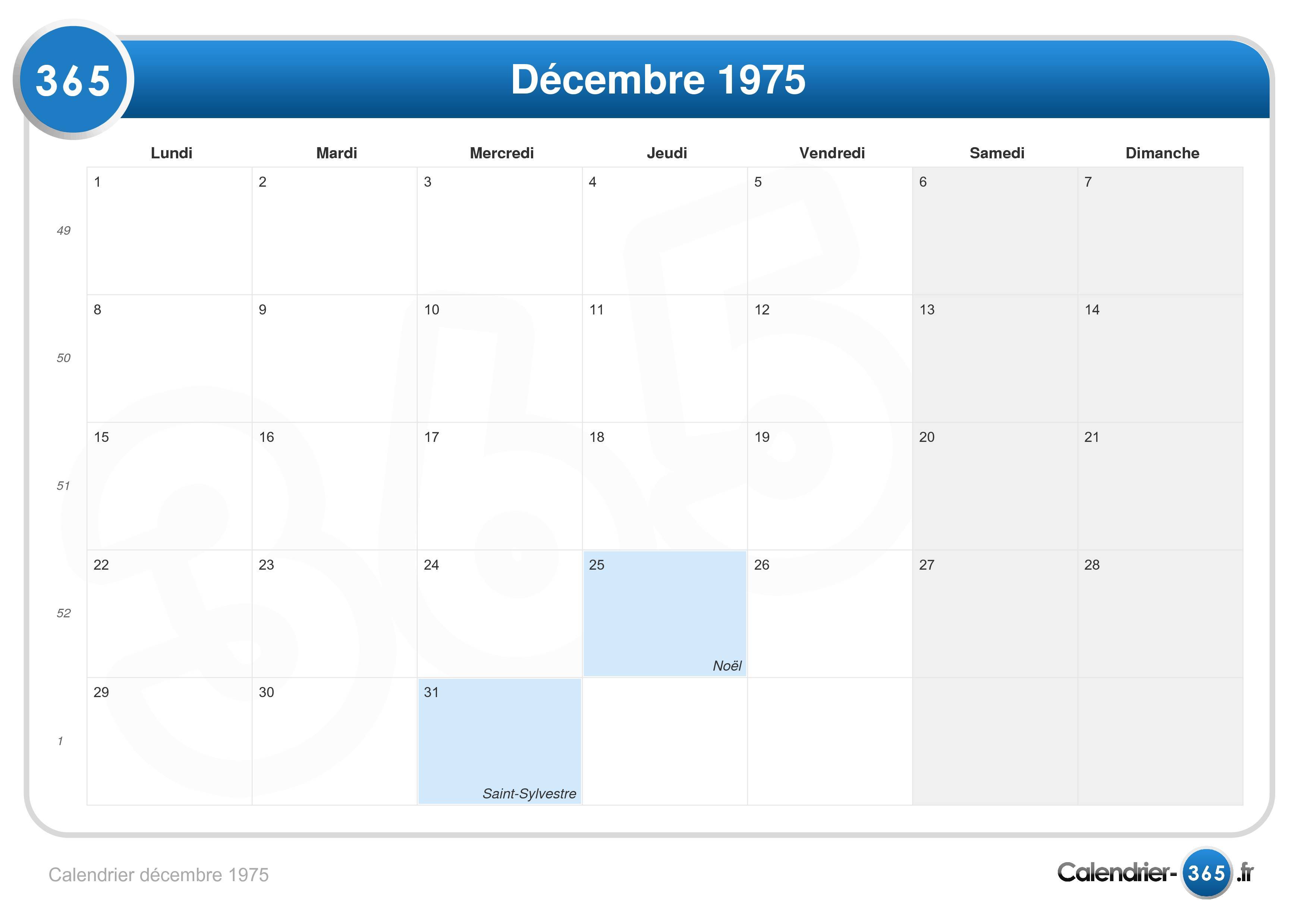 Calendrier décembre 1975