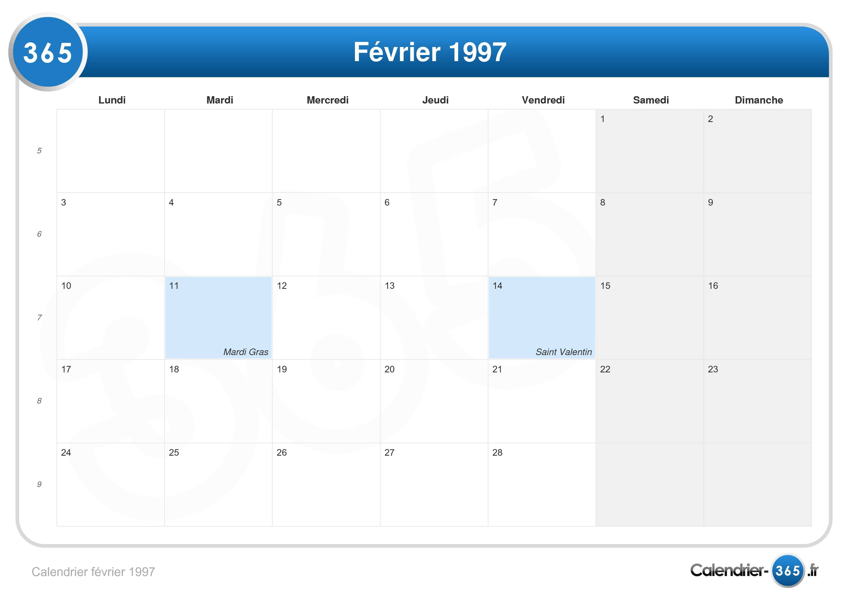 Calendrier février 1997