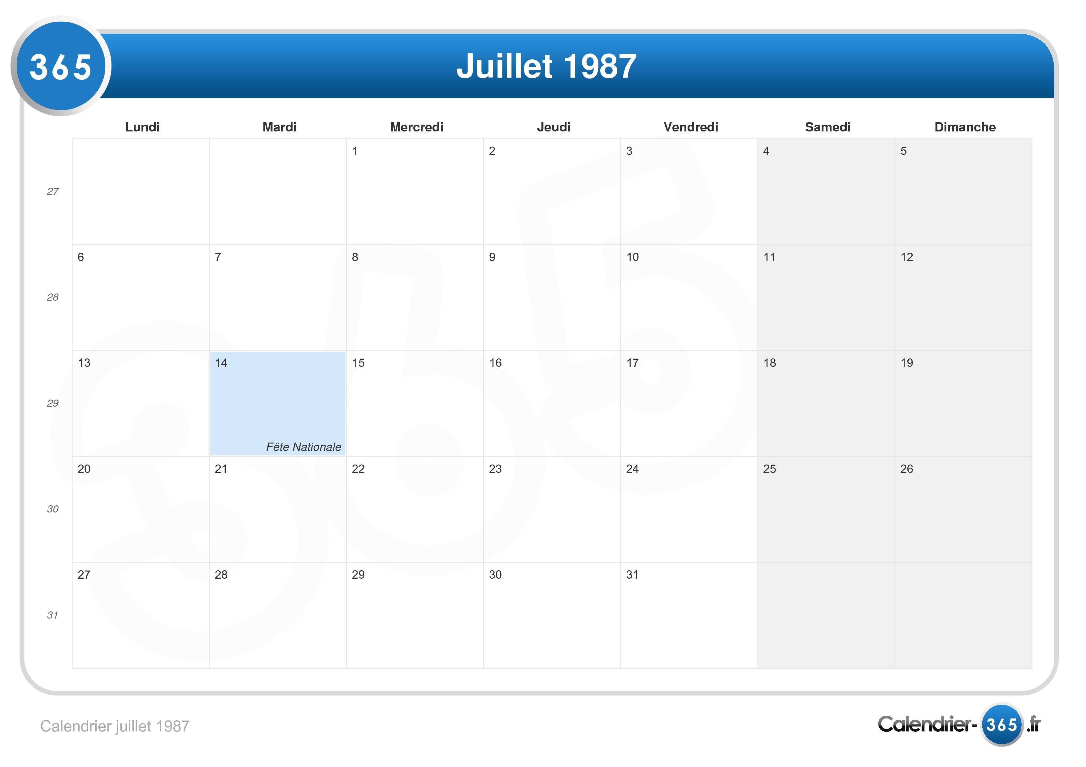 Calendrier juillet 1987