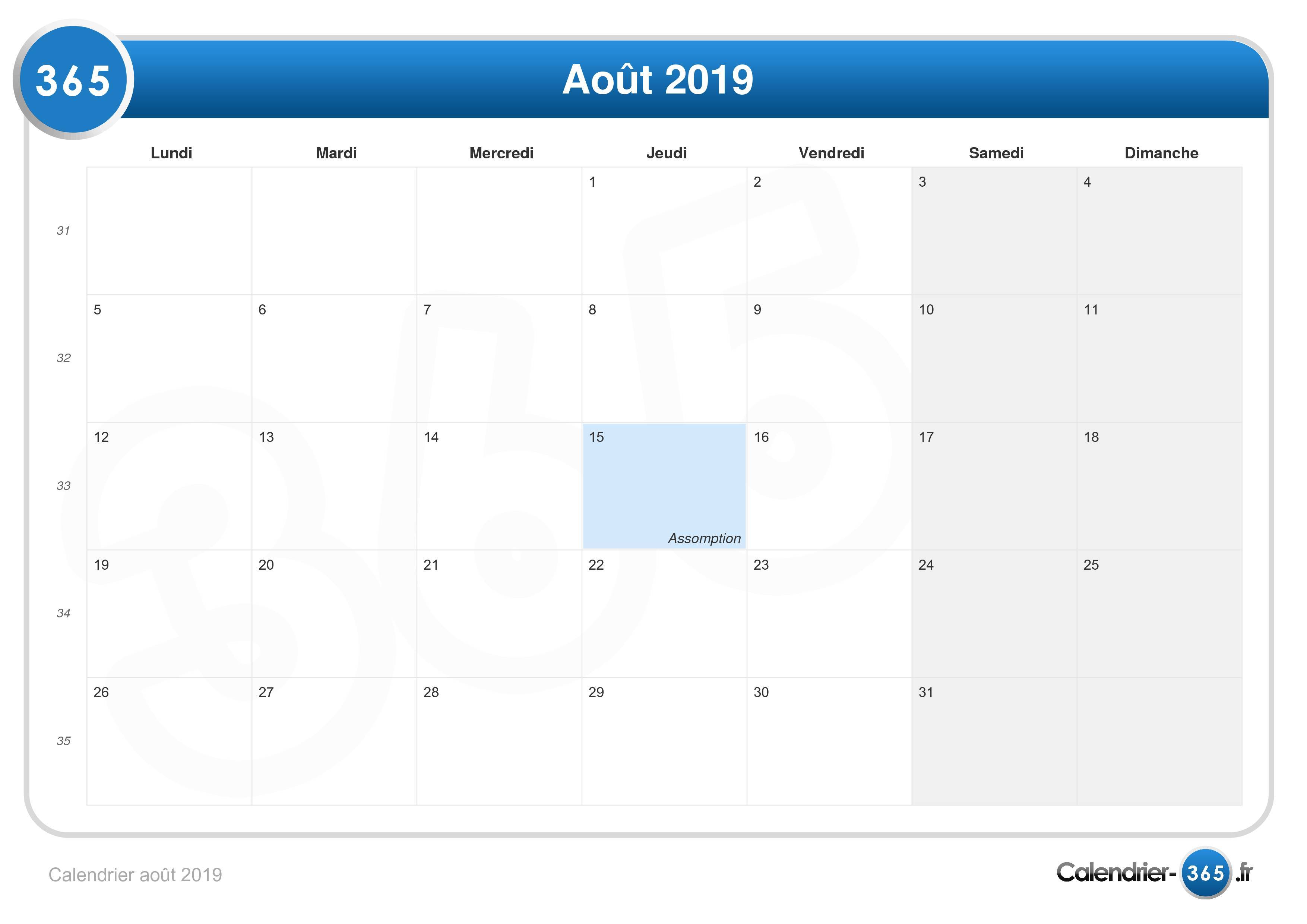 Calendrier Août 2019